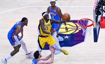 Indianapolis, Indiana-giugno 19: Pascal Siakam (43 anni) dell'Indiana Pacers in azione contro Shai Gilgeous-Alexander (2) da Thunder nella finale della NBA 6 tra Indiana Pacers e Oklahoma City Thunder a Gainbridge Fieldhouse il 19 giugno 2025 a Indianapolis, Indiana, Stati Uniti. (Foto di Tayfun Coskun / Anadolu tramite Getty Images)