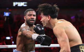 Las Vegas, Nevada - 01 febbraio: Stephen Fulton Jr. (L) colpisce il campione di pesi piuma di WBC Brandon Figueroa durante una lotta per il titolo nell'arena T -mobile il 01 febbraio 2025 a Las Vegas, Nevada. Fulton ha vinto il titolo per decisione unanime. (Foto di Steve Marcus / Getty Images)