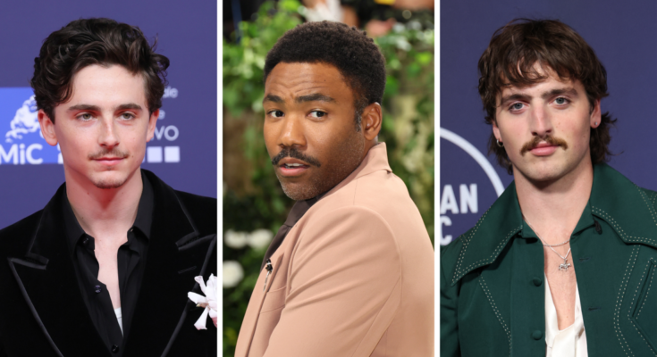 Timothee Chalamet, Donald Glover e Benson Boone sfoggiano solo i baffi, senza barba.